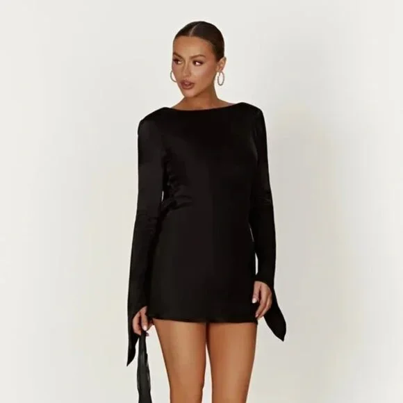 Meshki Davina Satin Black Long Bell Sleeve Mini Dress Black Size XS - Picture 5 of 10